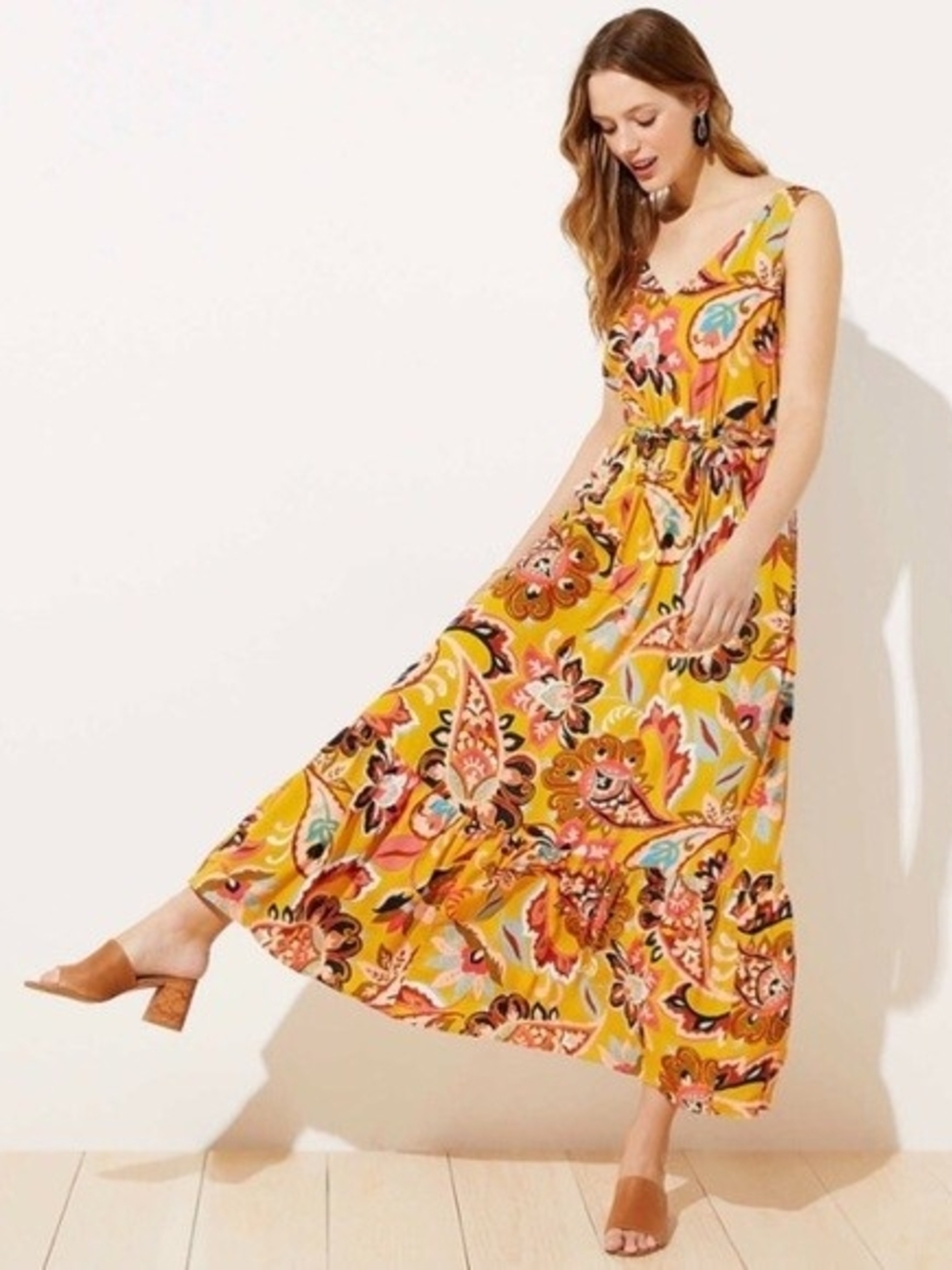 LOFT Yellow Floral Print Sleeveless Maxi Dress